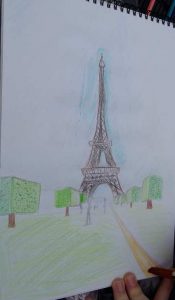 La Tour Eiffel, dessin d'enfant lors d'un cours en plein air