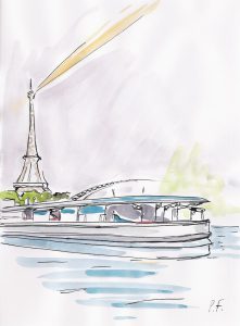 Dessin de la Tour Eiffel avec péniche, illustration de Pauline Fraisse