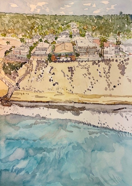 Maisons sur la falaise Maisons en front de mer, dessin et aquarelle sur papier